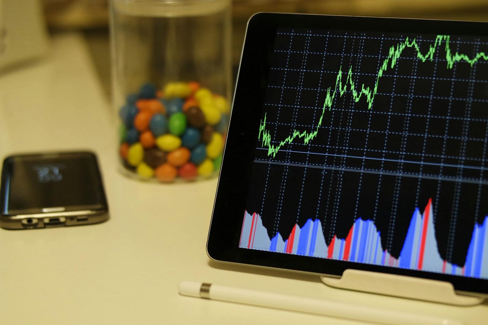 En surfplatta visar diagram över finansiella data, bredvid en burk godis.